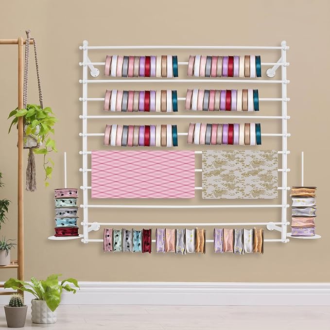 12-Layer Ribbon Holder Organizer Rack Wall Mounted Wrapping Paper Storage Rack Ribbon Dispenser Holder Wrapping Station Display Racks for Craft Room Florist Cake Shop(White)