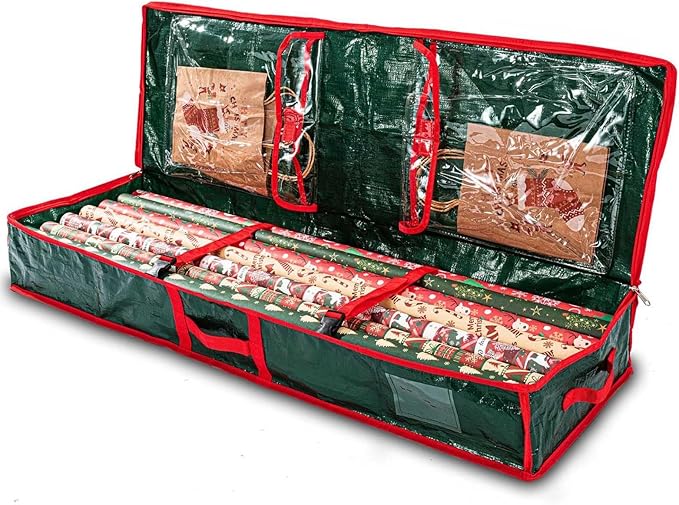 Wrapping Paper Organizer Storage Container,Christmas Storage Organizer,Xmas Gift Wrap Organizer With Pockets,Under Bed Storage Bag,Supplies Pockets for Xmas Accessories (Green)