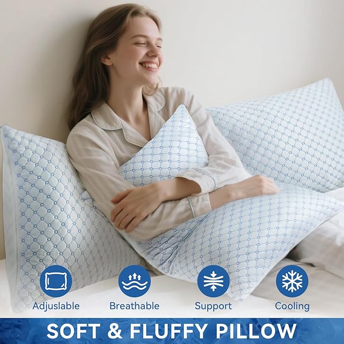 Cooling Bed Pillows for Sleeping Set of 2, Shredded Memory Foam Pillows for Bed King Size 2 Pack, Adjustable Cool Pillows for Side, Back and Stomach Sleepers Neck Supportive