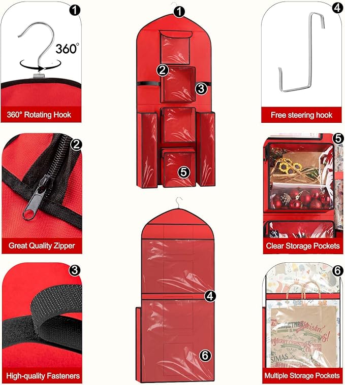 Woodoulogy Hanging Gift Wrapping Paper Storage, 40"X17" Red Double-Sided Christmas Wrapper Bag Container, Oxford Craft Roll Organizer, Present Wrap Holder for Bedroom Closet, Door, Cabinet