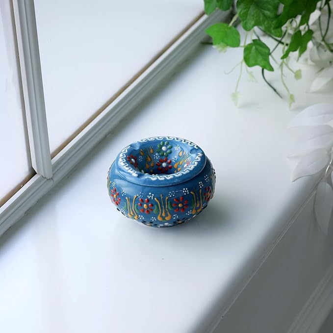 Decorative Ceramic Jar-Colorful Decorative Jar with Lid-Handmade Small Decorative Jar-Windproof Unique Jars-Turkish Home Decor (Light Blue)