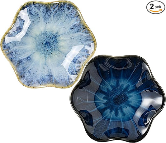 2Pcs Ceramic Jewelry Dish - Lotus Leaf Shape, for Ring Holder Necklace Small Key, Suitable for Mother Friend Sister, Gifts for Women, Cute Plate Trinket Tray, Home Decor (Light Blue & Blue)