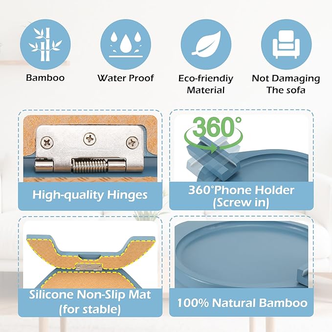 SINWANT Couch Armrest Table, Bamboo Clip On Couch Arm Table with 360°Phone Holder,Foldable Sofa Arm Tray for Eating and Drinking, TV Tray