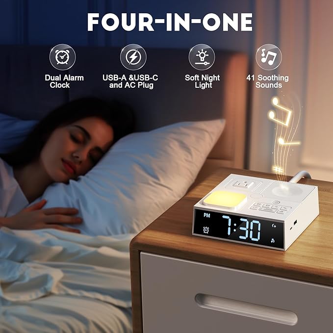 White Noise Sound Machine with Dual Alarm Clock - Soft Night Light 41 Non Looping Sounds USB Port Charger 3 Timers Memory Function 31 Adjustable Volume Sleep Sound Machine for Adult & Home Bedroom
