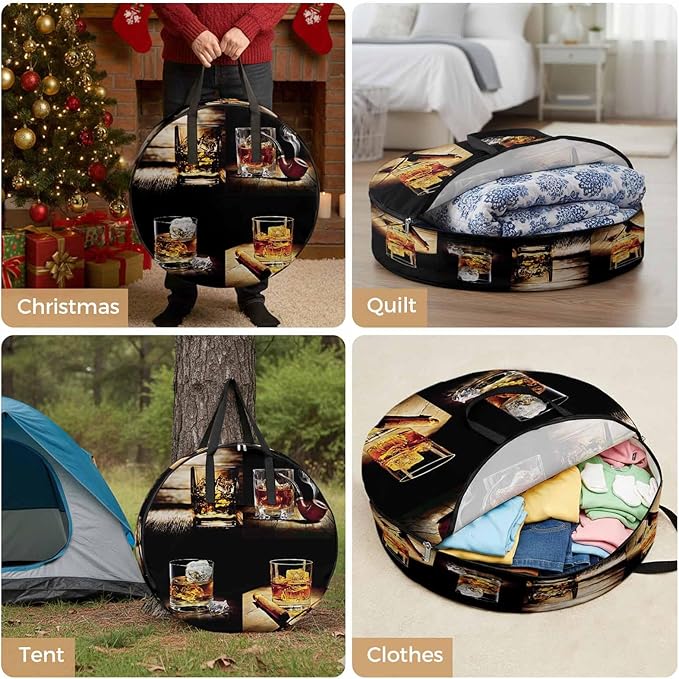 Storage Bag Whisky Glass Round Storage Totes Bins Closet Organizers with Zippers & Handle Wine Old Fashioned Wood Grain Clothes Storage Container for Bedroom Dorm Space Saving Packing Supplies Bags
