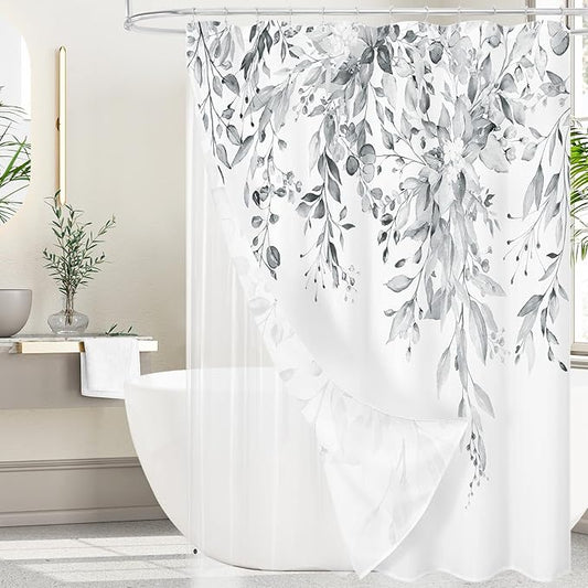 Gibelle 3 in 1 Shower Curtain Set, 72x72 Grey Eucalyptus Bath Curtain and PEVA Liner Set with 12 Metal Hooks, Waterproof Fabric Bathroom Curtain