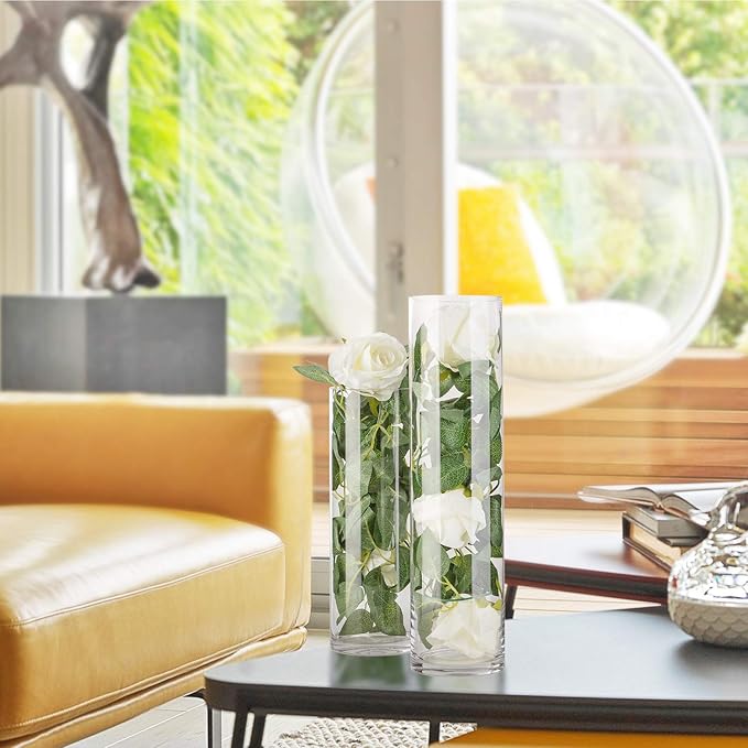 WGVI Quality Thick Weighted Clear Cylinder Glass Vases, 4" W x 10" H, Flower Arrangement Floating Candle Holders Wedding Centerpieces Terrarium Planter Floral Pen Brush Storage Container, 1 Piece