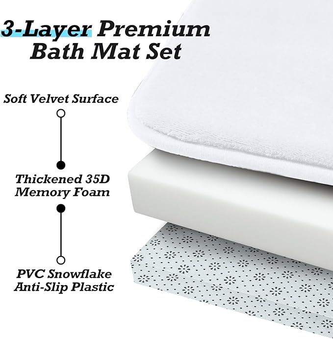 HUXMEYSON Bathroom Rugs Sets 2 Piece, Non-Slip & Quick Dry Bath Mat Set, Ultra Soft Velvet Bath Rugs for Bathroom, Toilet and Shower Floor, White