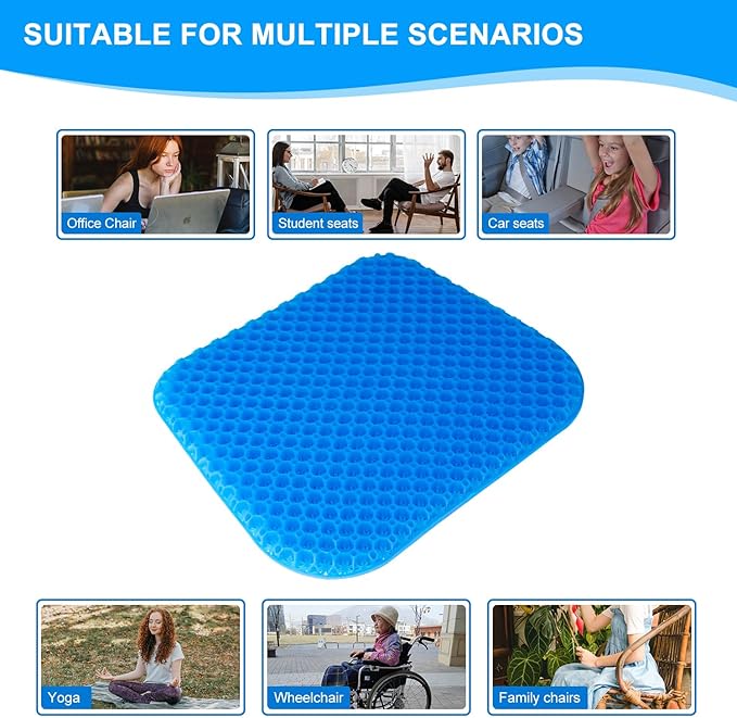 EVEME Gel Seat Cushion for Long Sitting with Non-Slip Cover, Soft & Breathable, Seat Cushion for Chair, Car, Office, Desk Chair, Wheelchair (17" x 15" x 1.2" - Blue)