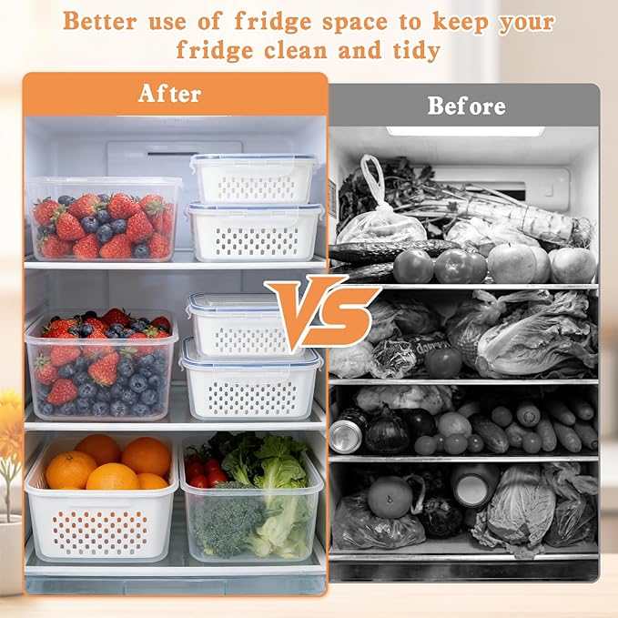 4 in 1 Food Storage Container, 3Pcs Fruit Storage Containers for Fridge with Removable Colanders, Produce Keeper Containers for Fridge with Lid and Strainer