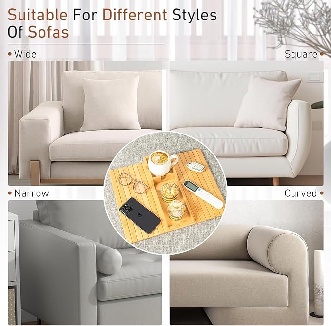 Yoshiky Bamboo Couch Armrest Table, Couch Arm Tray with Removable Couch Cup Holder, 2 in 1 Design Foldable Anti-Slip Bamboo Couch Tray and Sofa Cup Holder for Drink