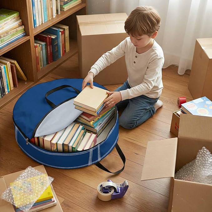 Solid Color Round Storage Bag 30 Inch, Navy Blue Clothes Storage Container with Handles Heavy Duty Organizer for Comforter, Bedding & Holiday Wreaths