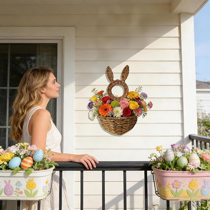 Easter Bunny Wall Basket, 15.8x7.9x3.9 Inch Natural Wicker Woven Rattan Porch Wall Pocket With Rabbit Ears, Decorative Storage Basket, Farmhouse Spring Home Decor