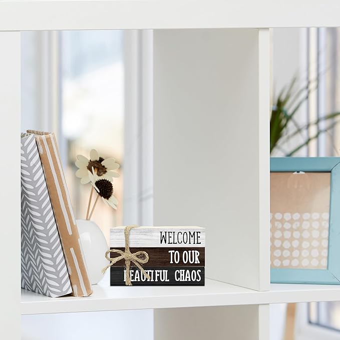 Ycyfckdr Decorative Wood Book Stack for Home, Welcome to Our Beautiful Chaos, Rustic Table and Living Room Bookshelf Farmhouse Decor (L66)