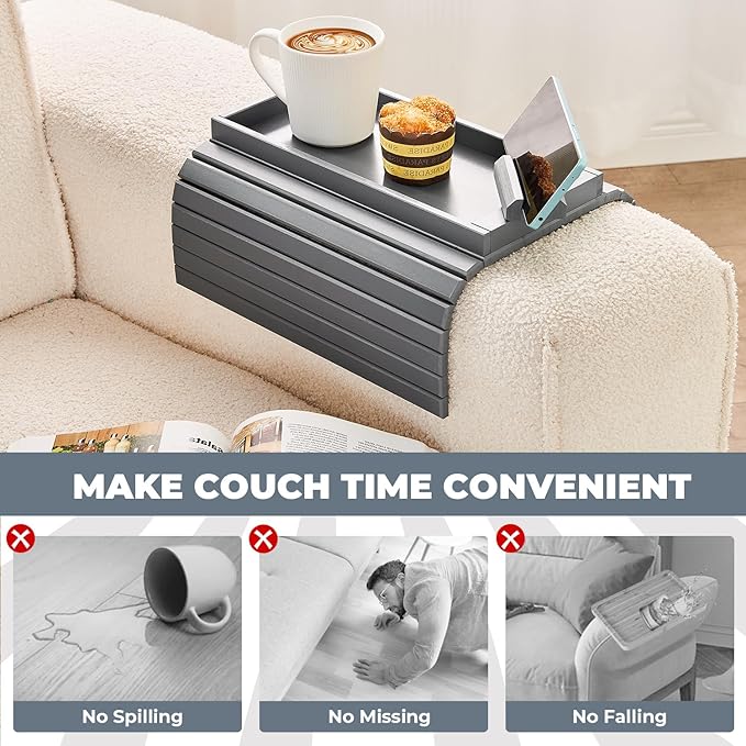 LOVYANXUE Bamboo Sofa Arm Tray, Anti Falling Couch Arm Tray Armrest Table with 360° Rotating Phone Holder, Foldable and Portable Sofa Armrest Trays Cup Holder for Drink,Cups, Phone, Snacks, Remote