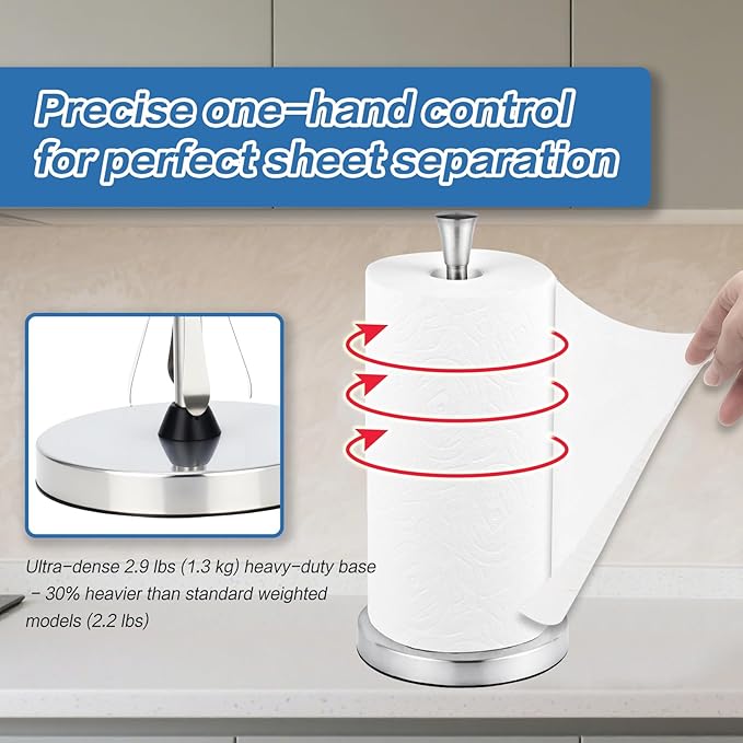 Paper Towel Holder Countertop with Suction Cups - Heavy Duty (2.9 lbs) Stainless Steel Paper Towel Dispenser, One-Hand Tear for Kitchen, Fits Standard & Mega Rolls