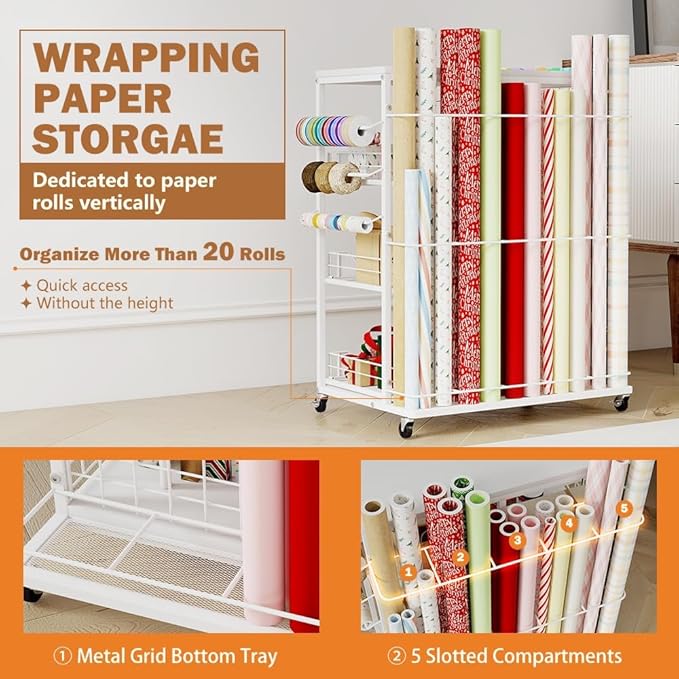 Wrapping Paper Organizer Storage with Wheels, Rolling Gift Wrap Cart with Ribbon and Gift Bag Storage, Craft Organization with 20 Roll Holders and 3 Drawers, White