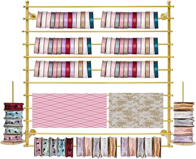 12-Layer Ribbon Holder Organizer Rack Wall Mounted Wrapping Paper Storage Rack Ribbon Dispenser Holder Wrapping Station Display Racks for Craft Room Florist Cake Shop(Gold)