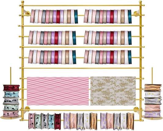 12-Layer Ribbon Holder Organizer Rack Wall Mounted Wrapping Paper Storage Rack Ribbon Dispenser Holder Wrapping Station Display Racks for Craft Room Florist Cake Shop(Gold)