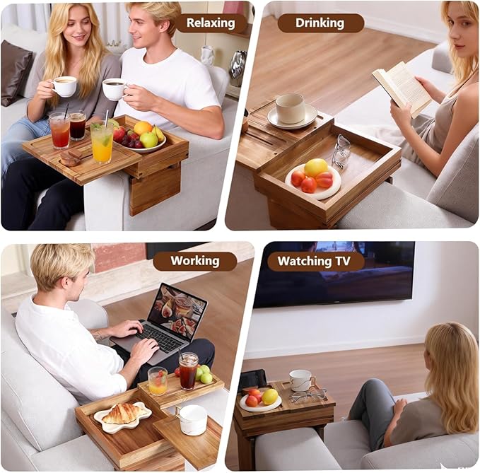 Acacia Wood Sofa Arm Tray, Adjustable Couch Armrest Table with 2 Rotatable Trays & a Storage Box | 360° Rotating Phone Holder for Drinks, Cups, Snacks, and Remote