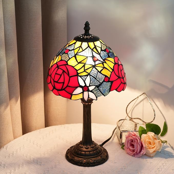 Tiffany Lamp Bedside Table Lamp-Nightstand,Stained Glass Lamp for Bedroom Dorm Living Kitchen, Aesthetic Cute Home Decor Gift (Rose)