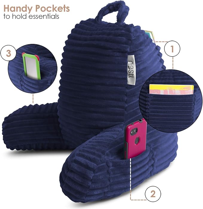 Nestl Navy Blue Reading Pillow with Bed Desk for Laptop and Writing, Luxe Cut Plush Back Pillow for Sitting Up, Back and Arms Adjustable Support for Kids and Teens, Foldable Lap Desk for Bed 19x11”