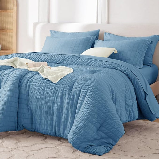 MUXHOMO 5 Pieces Twin Comforter Set, Seersucker Bed in a Bag Twin Size, All Season Luxury Bedding Set with Comforter, Flat Sheet, Fitted Sheet, Pillowcase & Sham, Mineral Blue