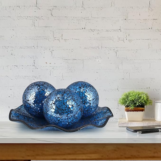 MDLUU Centerpiece Bowl and Balls Set, Mosaic Tray with 3 Pieces Spheres, 12" Decorative Plate with 4" Mosaic Orbs for Home Decor, Gift (Turquoise)