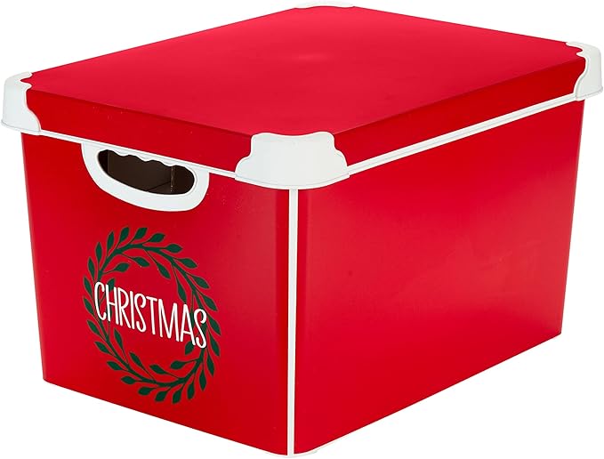 Simplify Christmas Wreath Design Holiday Tote Bin Ornament Storage | Dimensions: 15.4"x 11.4"x 9.25" | Holds 60 Ornaments | Red | Removable Lid | Easy Carry Handles |