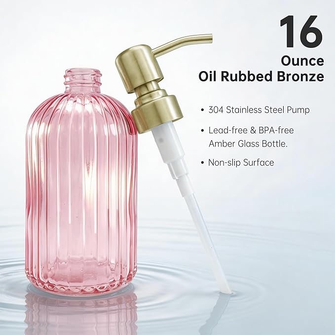 16 OZ Pink Glass Soap Dispenser,Clear Pink Stripe Bathroom Hand Soap Dispensers with Stainless Steel Gold Pump, Pink Kitchen Hand Soap Dispenser with Brushed Gold Pump