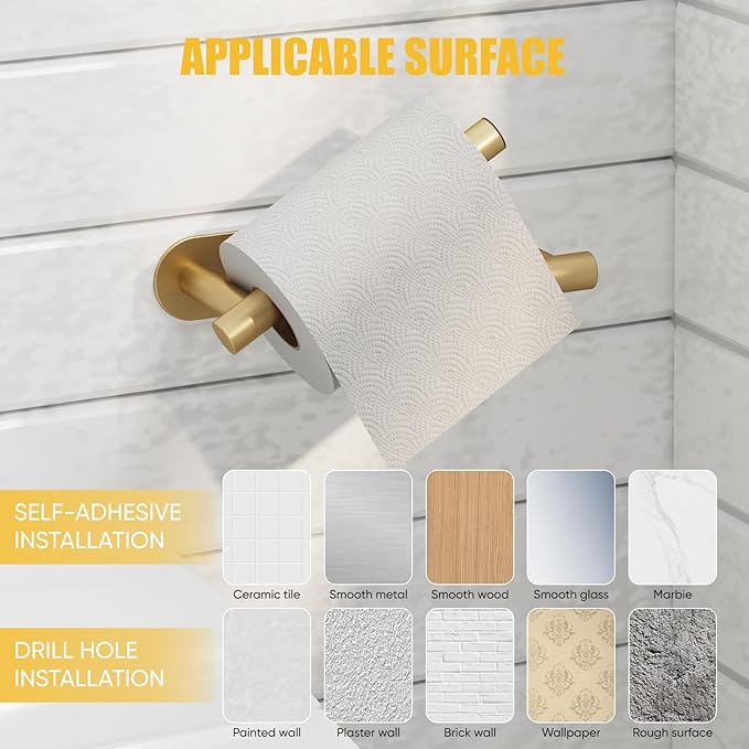 BESy Adhesive or Screw Toilet Paper Holder Wall Mount Rustproof Modern Roll Holder Flexible Pivoting Adjustable Tissue Handle with Self Adhesive or Mounted with Screws Stainless Steel Brushed Gold