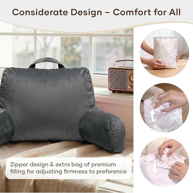 NOONTIDE Reading Pillow for Sitting up in Bed and Couch,Large Back Pillow for Adult & Teens with Soft Adjustable Neck Roll Backrest Pillow,Washable Cover,Watching TV/Gaming/Relaxing(Darkgrey)