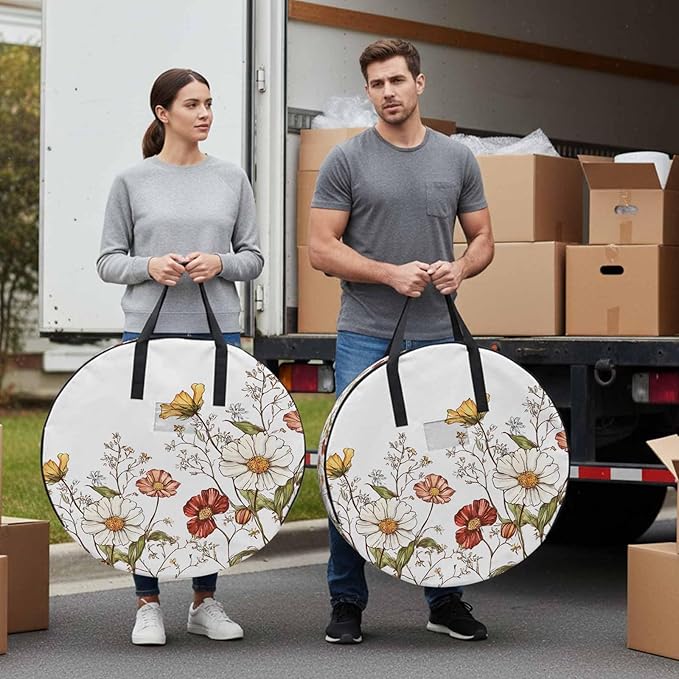 Daisy Flowers Round Storage Bag 24 Inch, Plants Spring Clothes Storage Container with Handles Heavy Duty Organizer for Comforter, Bedding & Holiday Wreaths