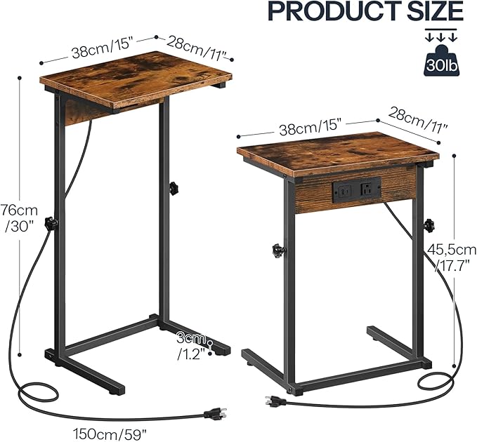 HOOBRO C-Shaped End Table with Charging Station, Adjustable Height Sofa Tray Side Table, Slide Under Couch Arm Table, Small C Side Table for Small Space in Living Room, Bedroom, Rustic Brown BF71USF01