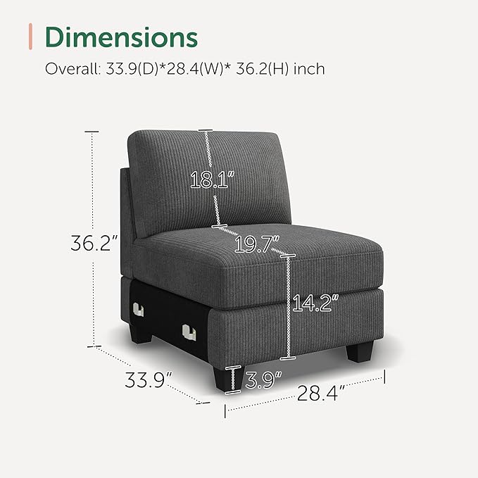 HONBAY Modular Sectional Sofa, Armless Chair for Sectional Couch, Grey