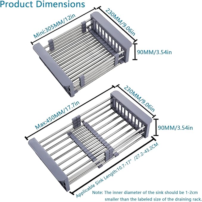 Sink Dish Drying Rack, Stainless Steel Drainer for 10.7"-17" Sinks, Kitchen Countertop Organizer for Dishes, Vegetables, and Fruits (Grey & Small)