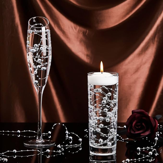 Tondiamo 24 Pcs Artificial Pearl String for Floating Candle Faux Pearls Beads String Garland Centerpiece Decoration for Vases Filler Wedding Spring Holiday Party Decor(Silver)
