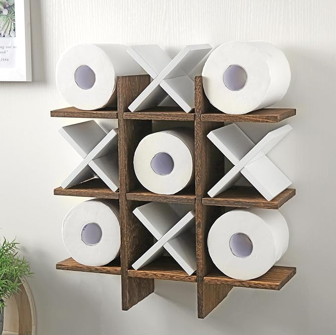 Weysat Tic Tac Toe Toilet Paper Holder Stand Bathroom Wall Decor Rustic Wooden Hanging Storage Freestanding Wall Mounted Shelves Decor for Toilet Tissue Farmhouse