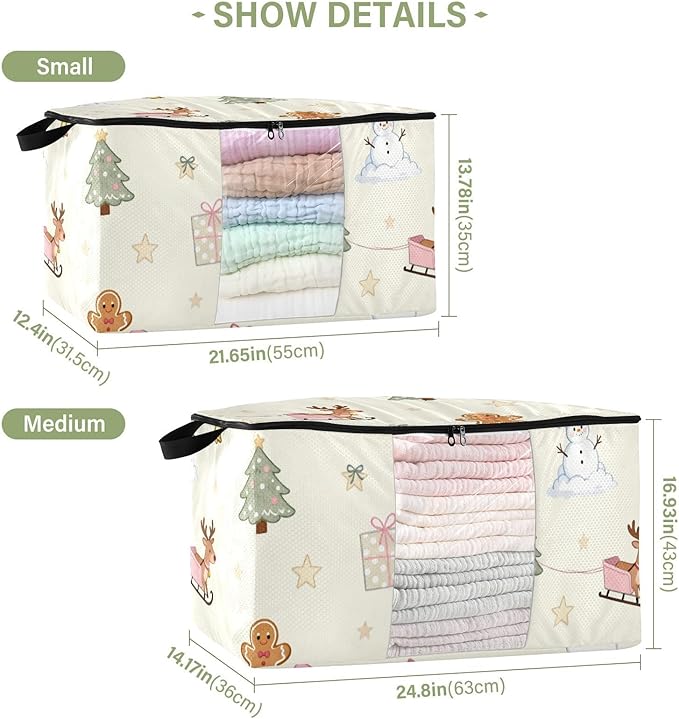 2 Pack Bed Sheet Storage Bags Stackable Storage Closet Foldable Closet Shelving Organizer Storage Box Christmas Tree Snowman Pink