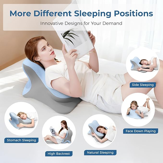 Reading Pillow for Bed, Lying, Leaning and Prone, Ergonomic Memory Foam Bed Wedge Pillow for Headboard, Floor Cushions, Chin & Back Support Pillows on Bedrest Couch Floor-Blue