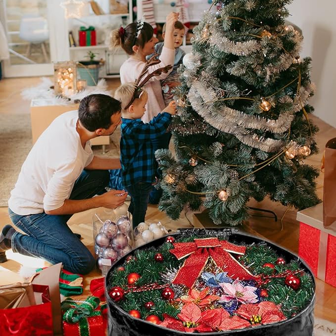 Wreath Storage Bag By Propik 24" - Garland Holiday Container Tear Resistant Material - Easy Storage Featuring Heavy Duty Handles And Transparent Card Slot 24” X 24” X 8” (Black)