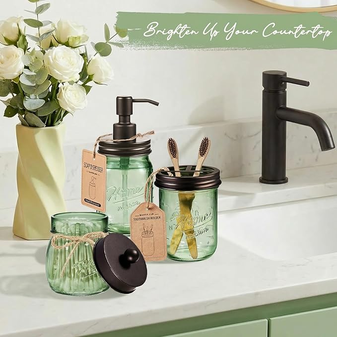 SheeChung Mason Jar Toothbrush Holder, Green Glass Toothbrush Holder for Bathroom Countertop Organizer, Stainless Steel Lid, Electric Toothbrush Toothpaste Holder Storage, Bronze Bathroom Accessories