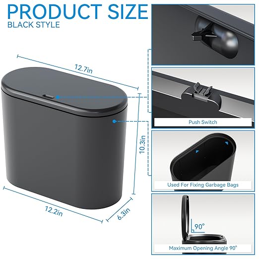 Yieach 3.17 Gallon Thin Small Black Bathroom Trash Can with Lid,12L Small Pet/Dog Proof Slim Trashcan and Skinny Covered Trash Can,Plastic Covered Wastebasket,Garbage Can for Kitchen,Office,RV,Bedroom