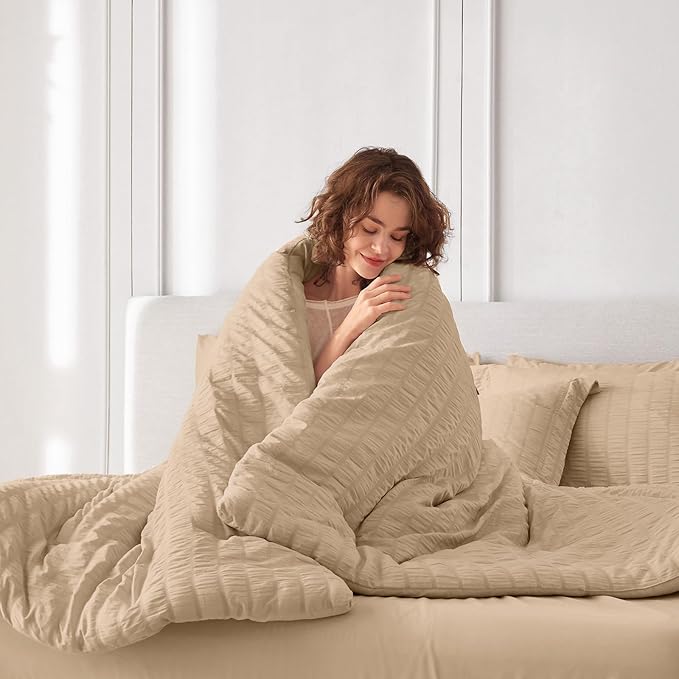 MUXHOMO 5 Pieces Twin XL Comforter Set, Seersucker Bed in a Bag Twin XL Size, All Season Luxury Bedding Set with Comforter, Flat Sheet, Fitted Sheet, Pillowcase & Sham, Khaki