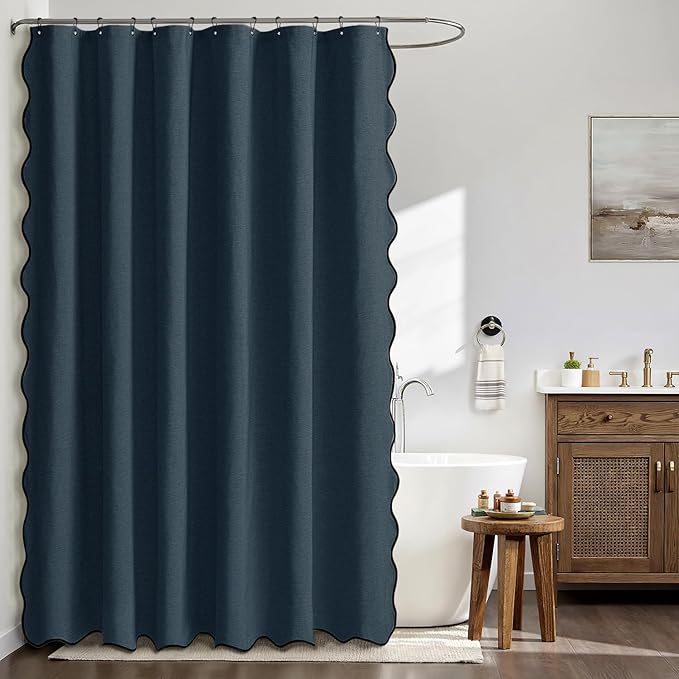 MIULEE Navy Blue Scalloped Shower Curtain Linen Textured with 12 Metal Hooks Cute Heavy Duty Washable Waterproof Thick Cloth Shower Curtains with Black Border for Bathroom Hotel Bathtub,W72*L72