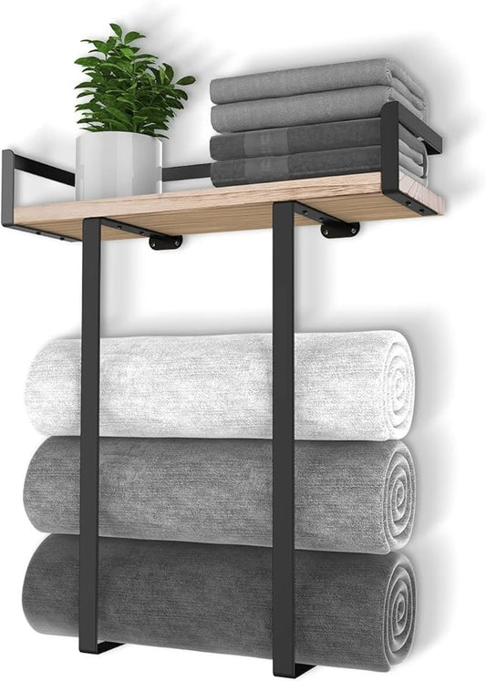 Xstydes Towel Racks for Bathroom Wall Mounted, Metal Towel Holder with Wooden Shelf for Folding Large Towels, Towel Storage for Small Bathroom Organizer Decor or RV Camping