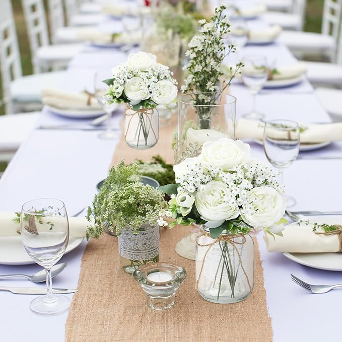 Zeyune 12 Sets Mason Jar Centerpiece Table Decorations, Artificial Peony Baby's Breath Flower Bouquets, Faux Flowers with Vase, Rustic Decor Gifts for Home, Wedding, Holiday (White)
