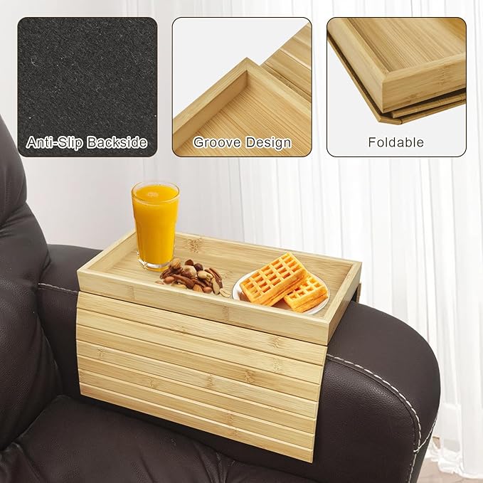 Bamboo Foldable Sofa Armrest Tray - Anti-Dropping Couch Arm Table for Phone, Cups, Snacks, Drinks - Flexible and Foldable - Gift for Housewarming, Birthday