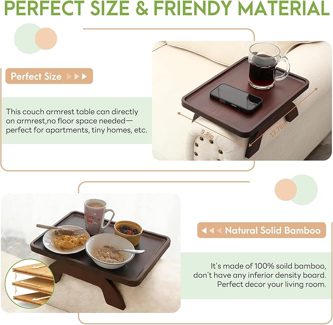 SINWANT Couch Arm Table,Bamboo Sofa Arm Clip on Tray Tables,Couch Armrest Table Suitable for Home Drinks/Eat/Fruit, Snack Chair Tray for Drink Eating