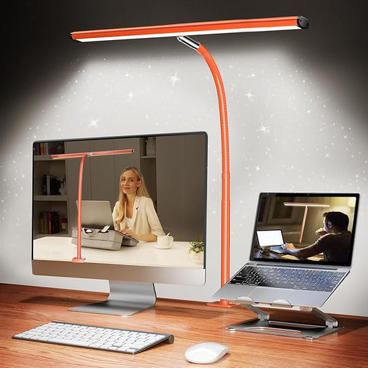 Airlonv LED Desk Lamp for Office Home, Eye-Caring Desk Light with Stepless Dimming Adjustable Flexible Gooseneck, 10W USB Adapter Desk Lamp with Clamp for Reading, Study, Workbench (Orange)